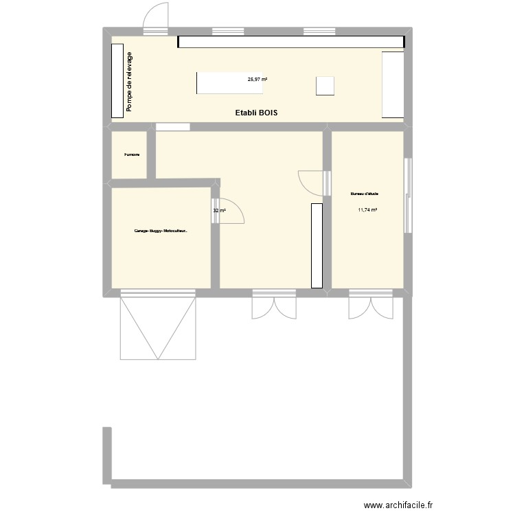 atelier. Plan de 3 pièces et 70 m2