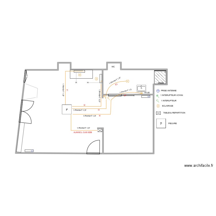 plans studio ECLAIRAGE CUISINE+SDB. Plan de 2 pièces et 43 m2