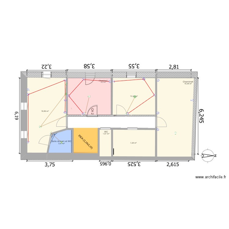 merda. Plan de 7 pièces et 68 m2