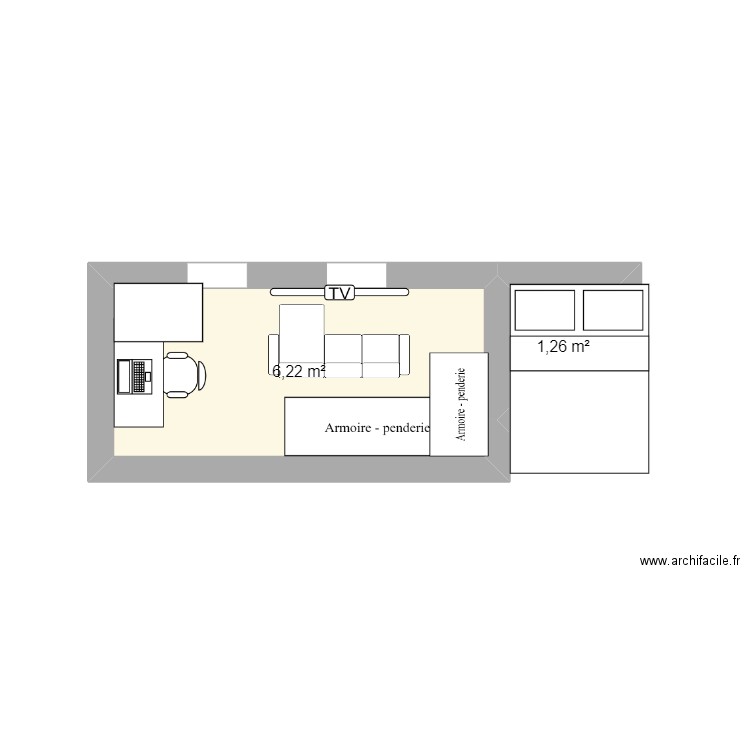 chambre roman prot n°1. Plan de 2 pièces et 7 m2