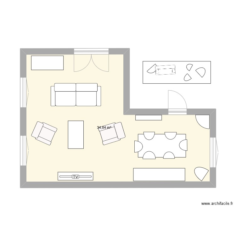 Piece Vie. Plan de 1 pièce et 34 m2