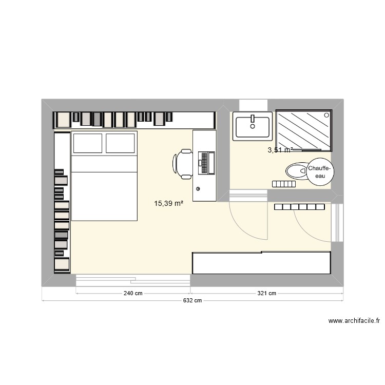 green. Plan de 2 pièces et 19 m2