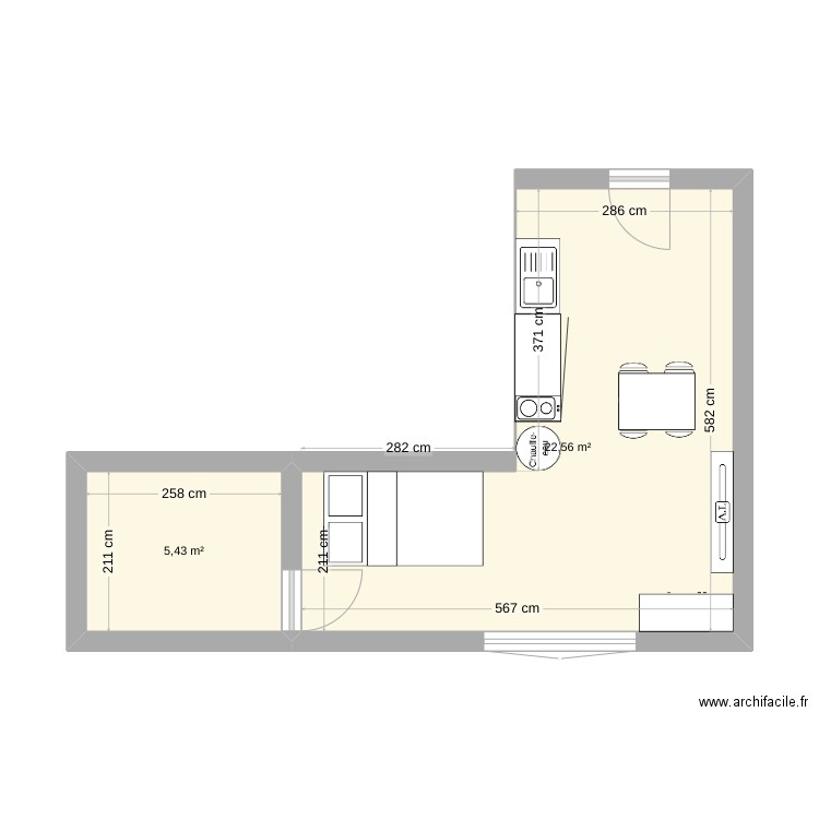 Temporaire. Plan de 2 pièces et 28 m2