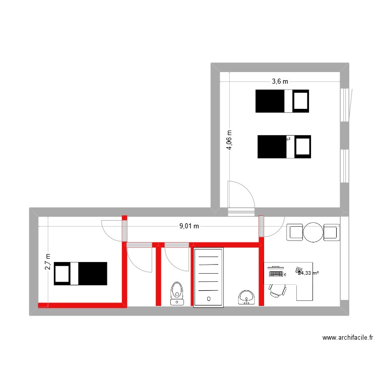 institut. Plan de 2 pièces et 39 m2