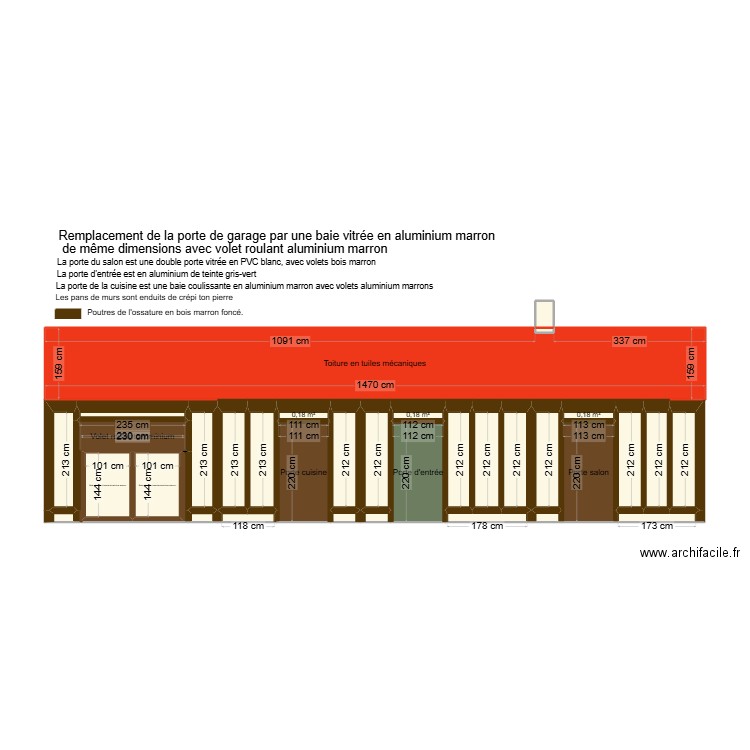 Façade ouest après travaux. Plan de 34 pièces et 52 m2