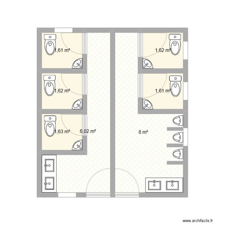 Toilette MFB. Plan de 7 pièces et 22 m2