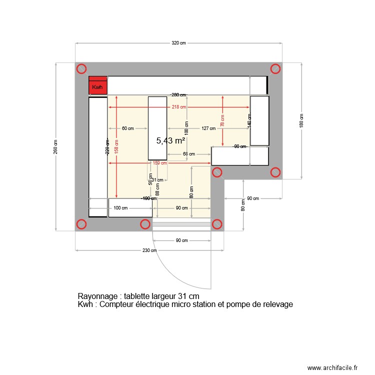 Plan côtes définitives avec rayonnage. Plan de 1 pièce et 5 m2