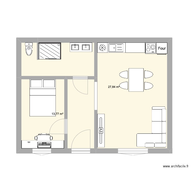 plan studio T2. Plan de 2 pièces et 42 m2