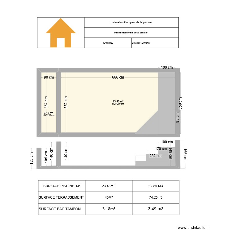 Plan en coupe piscine 8X4 . Plan de 2 pièces et 27 m2