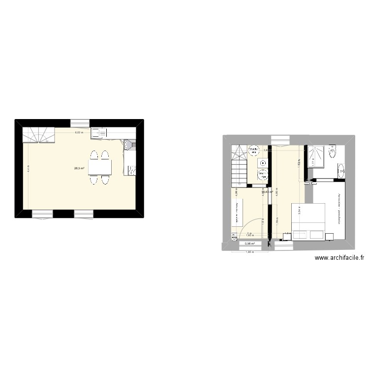 Lanrelas Rez de chaussée. Plan de 3 pièces et 45 m2