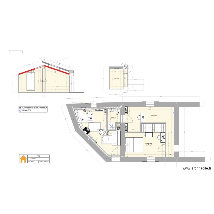 bureau 1. Plan de 10 pièces et 63 m2