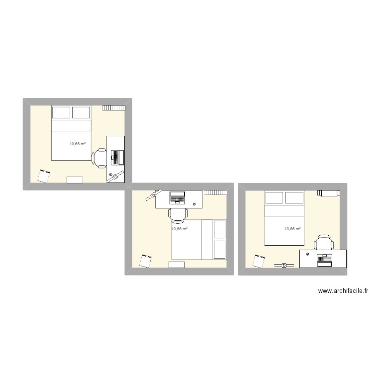 Chambre lise. Plan de 3 pièces et 32 m2