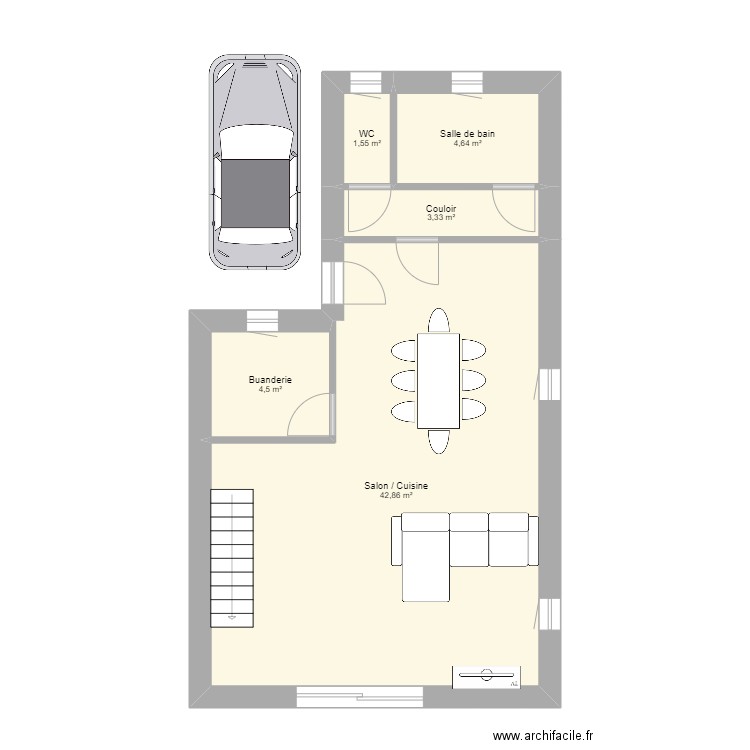 Le cailar. Plan de 5 pièces et 57 m2