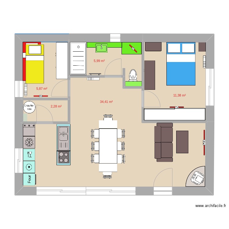 modif new 60m2. Plan de 5 pièces et 60 m2