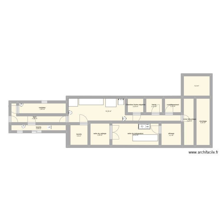 fromagerie. Plan de 14 pièces et 74 m2