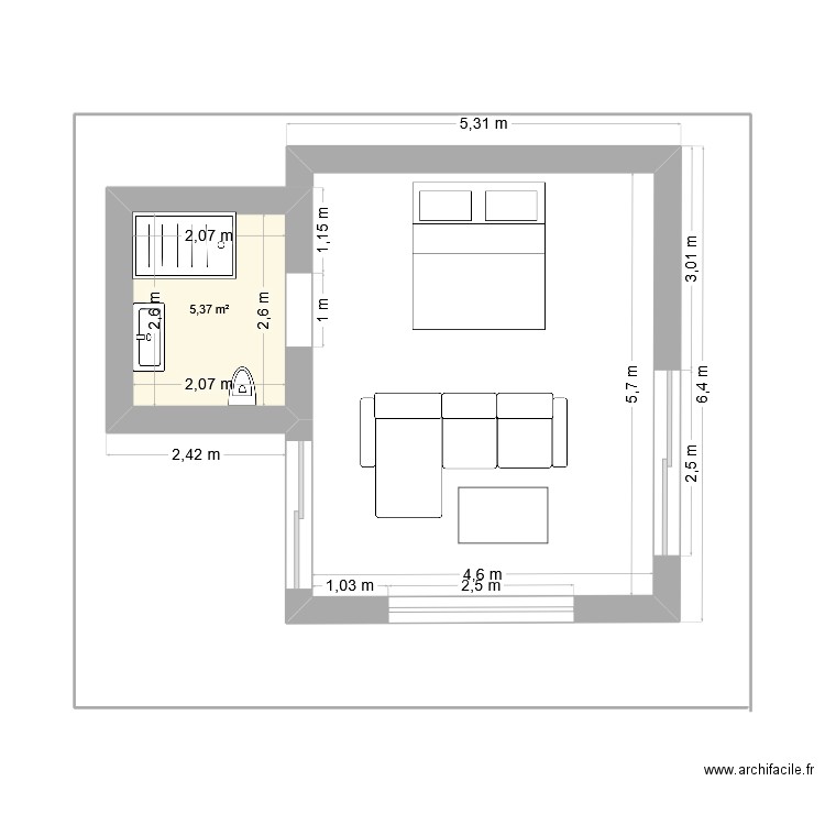 ourika. Plan de 1 pièce et 5 m2