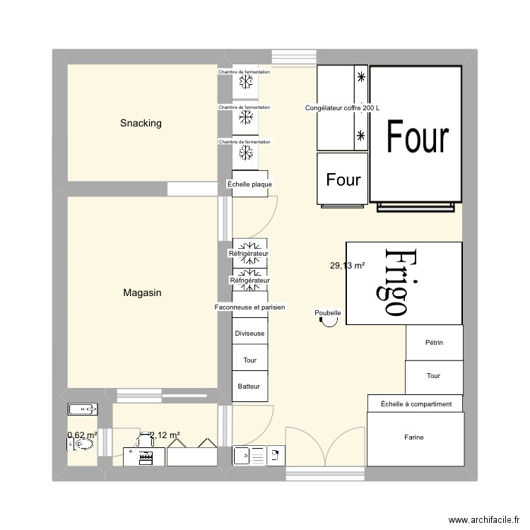 Boulangerie. Plan de 5 pièces et 47 m2