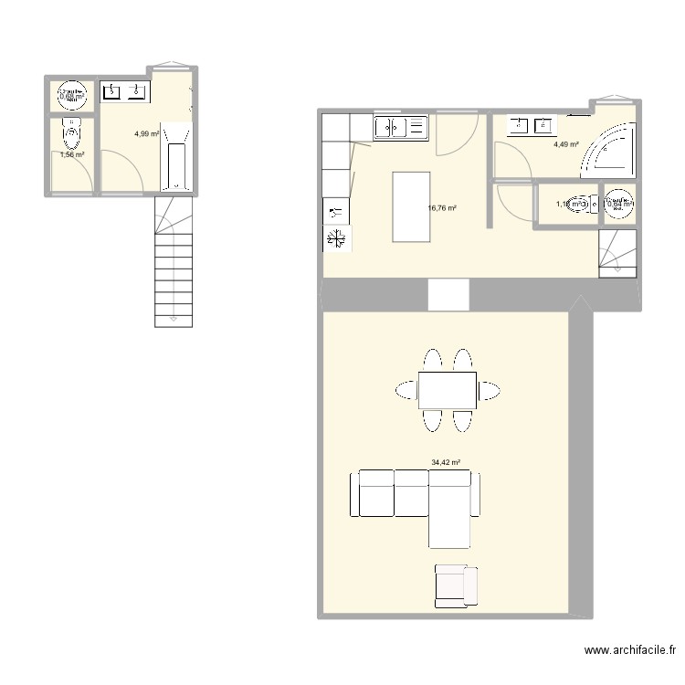 SdB. Plan de 8 pièces et 65 m2