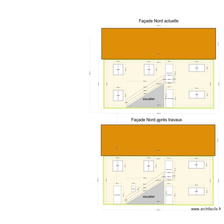 Plan de facade nord. Plan de 2 pièces et 148 m2