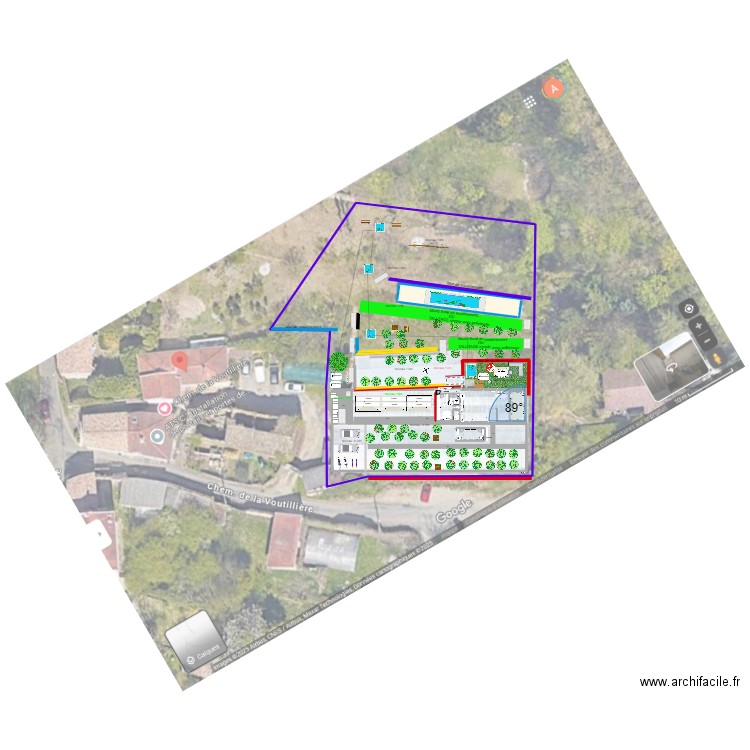 entree grande serre +doubles couloirs de nage central 60m2 +MUR de SOUTENEMENT +bassins- pediluve +sanitaires+ salle sieste +4 bureaux. Plan de 2 pièces et 113 m2