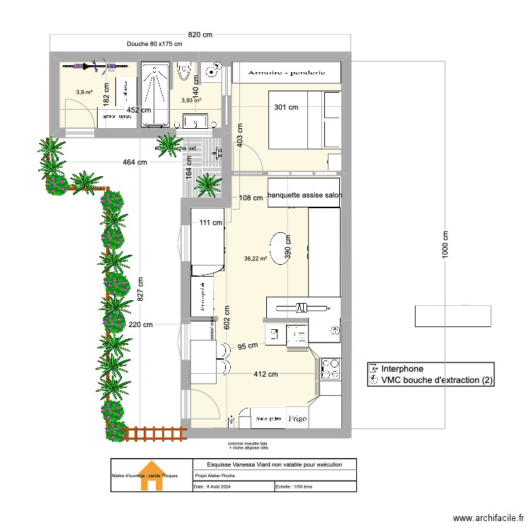 T2 Pioche / cuisine version 4. Plan de 3 pièces et 44 m2