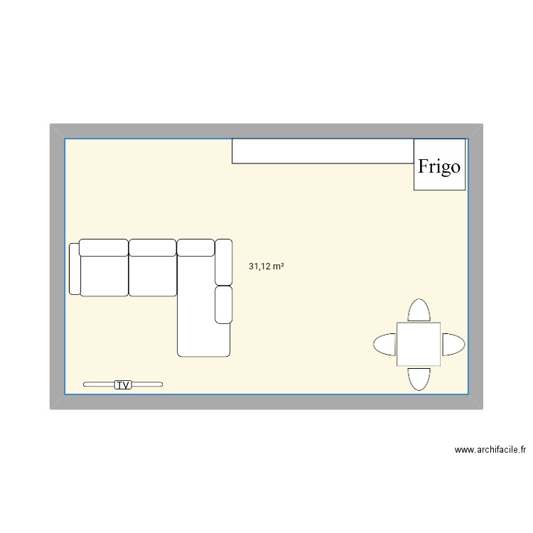 Pièce de vie. Plan de 1 pièce et 31 m2