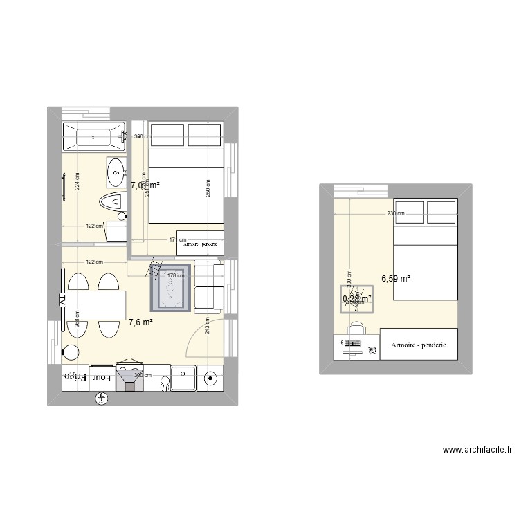 tiny house. Plan de 4 pièces et 22 m2