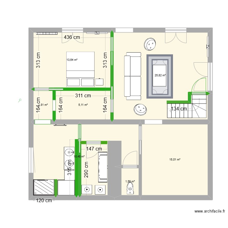 Reventin Salon RDC. Plan de 7 pièces et 81 m2