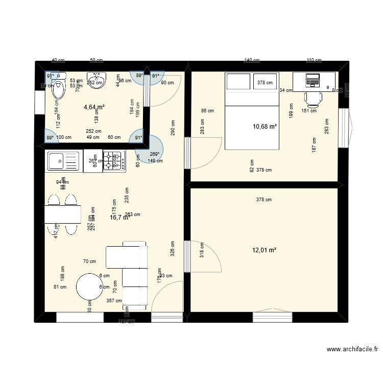 PLAN MAISON 45M2. Plan de 4 pièces et 44 m2