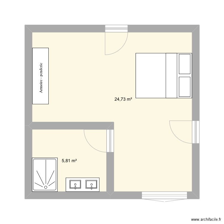 Chambre R de chaussée. Plan de 2 pièces et 31 m2