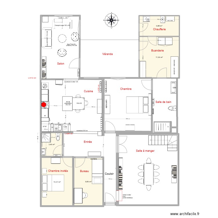 Plan projet pour réflexion salon. Plan de 5 pièces et 41 m2