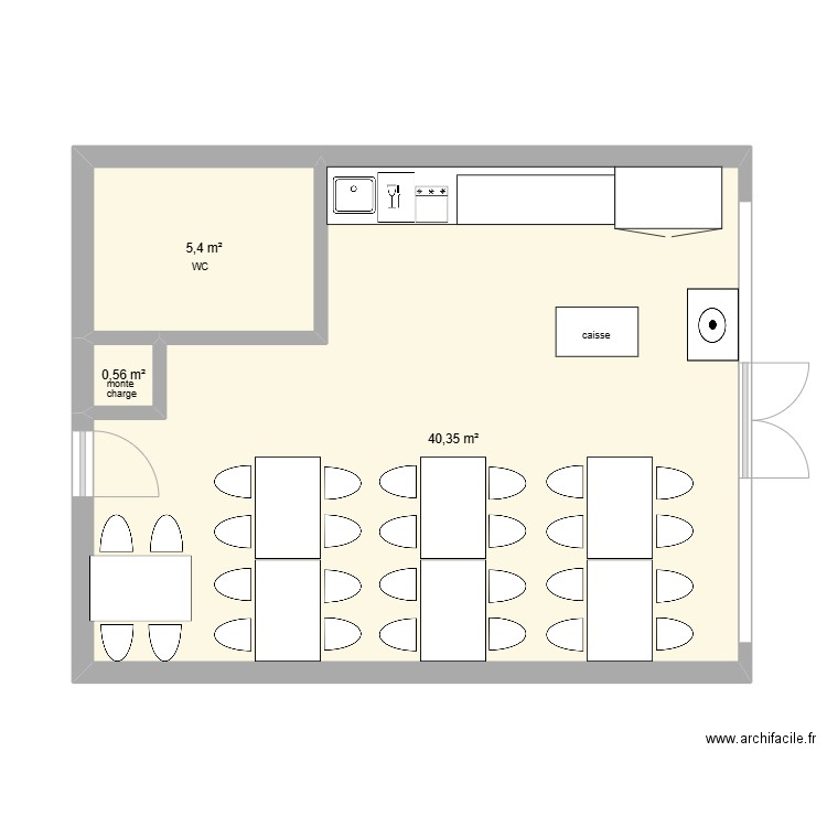 paul coin bar. Plan de 3 pièces et 46 m2