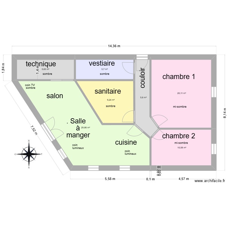 Maison sud 02. Plan de 7 pièces et 87 m2