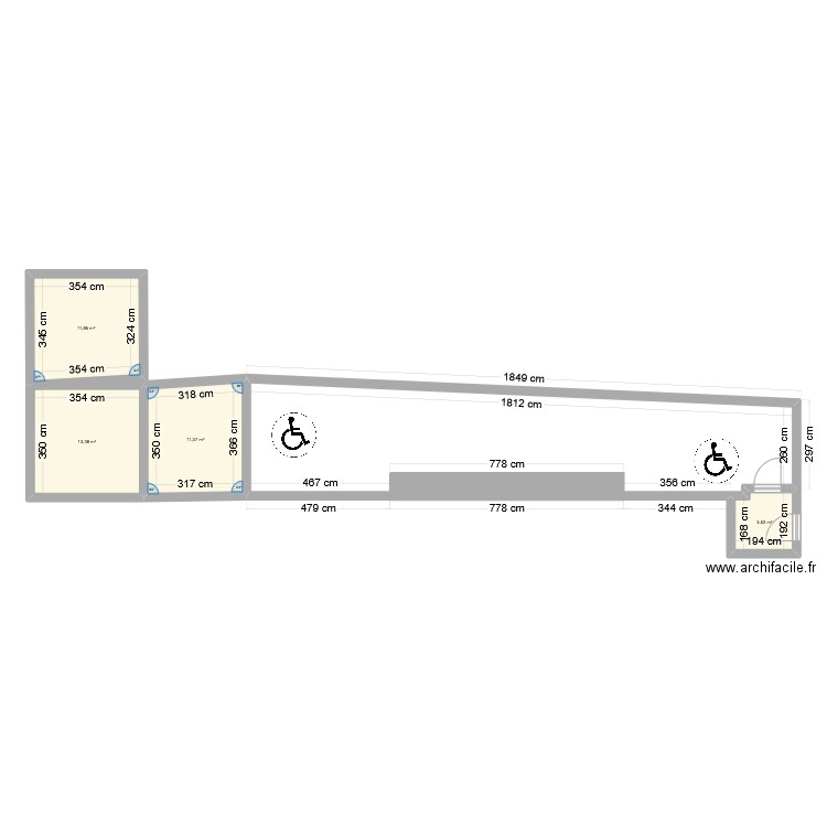 magasin. Plan de 4 pièces et 39 m2