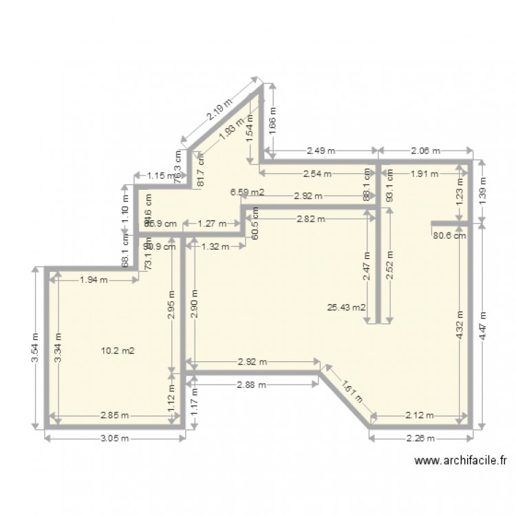 Françoise T2 Cuisine + Salon + Chambre+ Couloir. Plan de 3 pièces et 42 m2