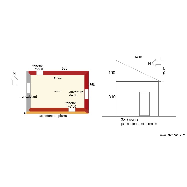 Extension mesure. Plan de 1 pièce et 15 m2