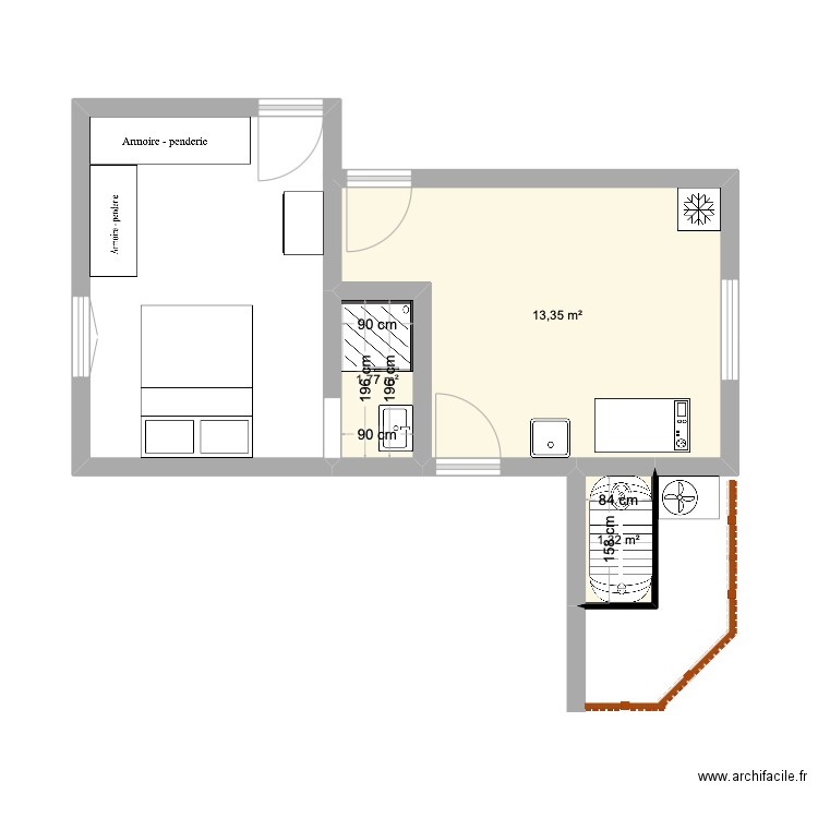 buanderie. Plan de 3 pièces et 16 m2