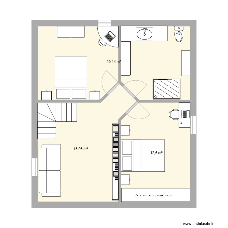 projet ammenagement 1er etage. Plan de 3 pièces et 49 m2