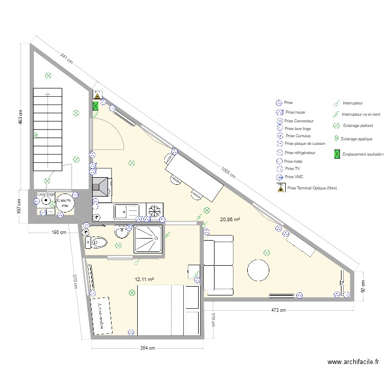 Maldoyenne 1er - elec + communs. Plan de 3 pièces et 34 m2