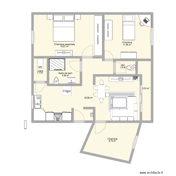 Appart Hichem Ameublement. Plan de 8 pièces et 73 m2