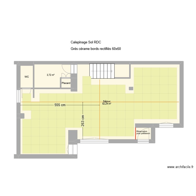 70 Joinville RDC Calepinage 60x60. Plan de 6 pièces et 58 m2