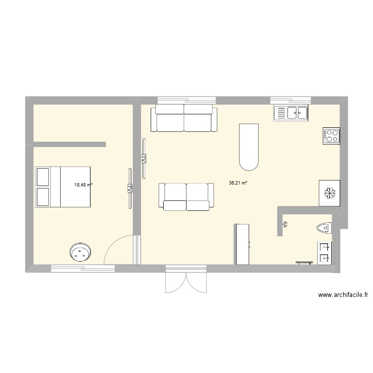 ستوديو. Plan de 2 pièces et 55 m2