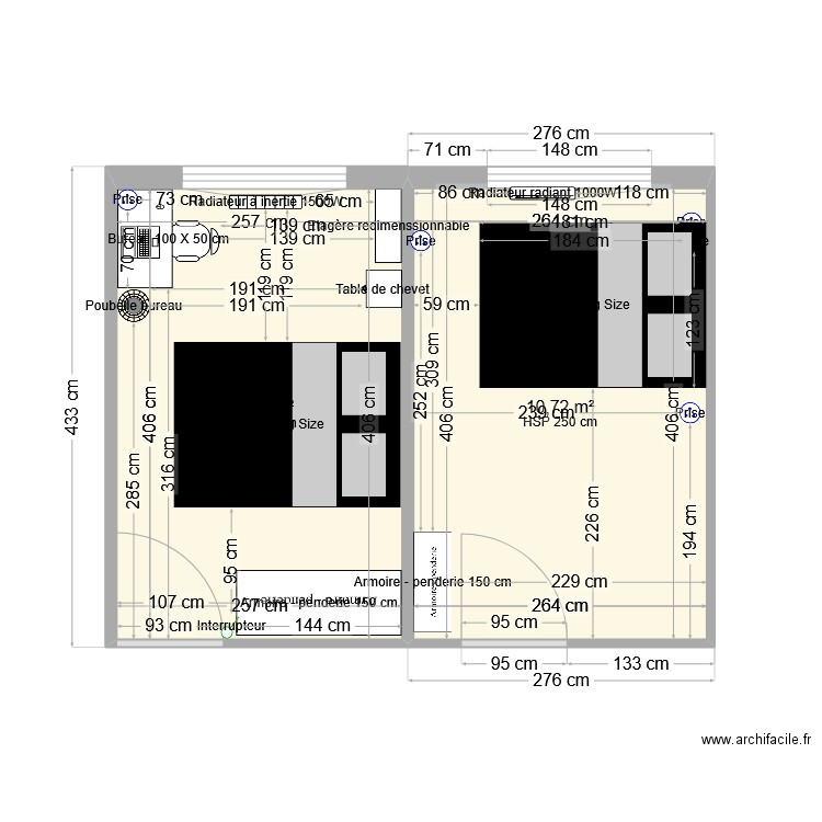 Chambre Sam - essai 1. Plan de 2 pièces et 21 m2