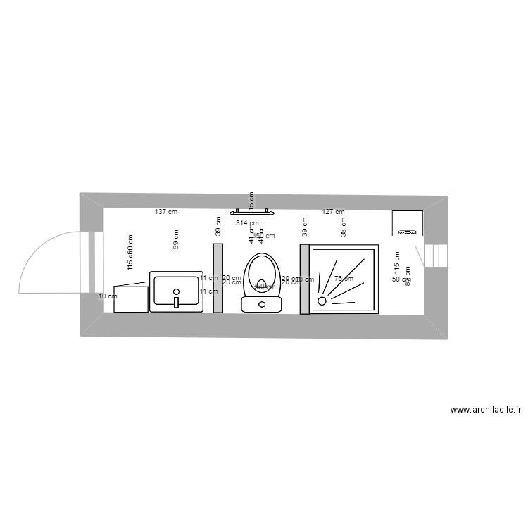 SdB mesures objets. Plan de 1 pièce et 4 m2