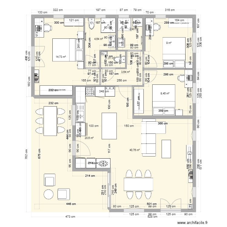 Tamarin 2. Plan de 9 pièces et 107 m2