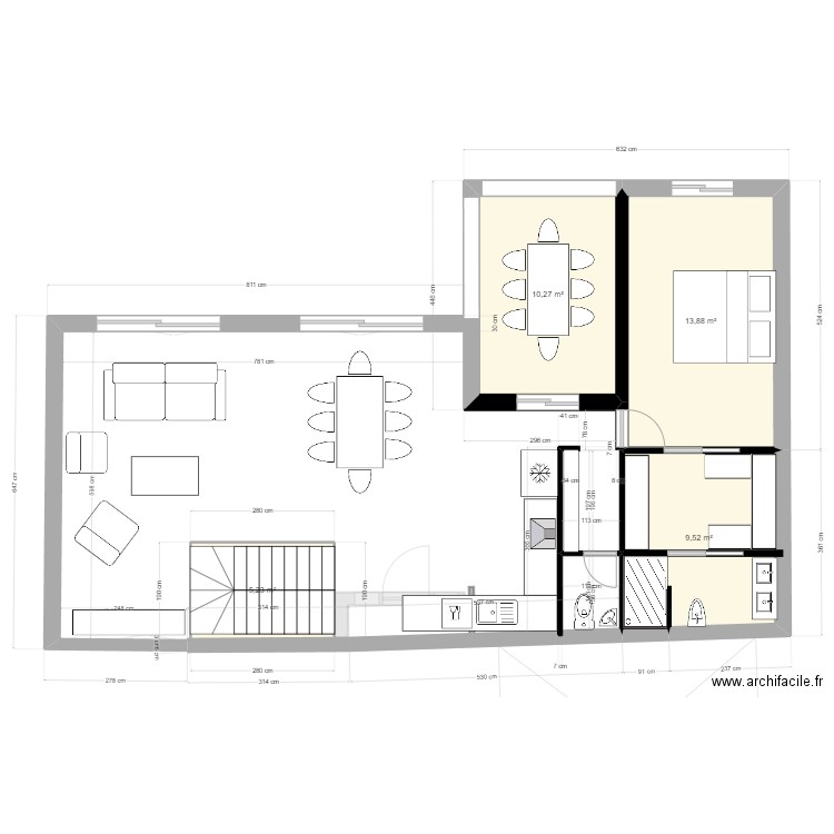 plan ss. Plan de 4 pièces et 39 m2