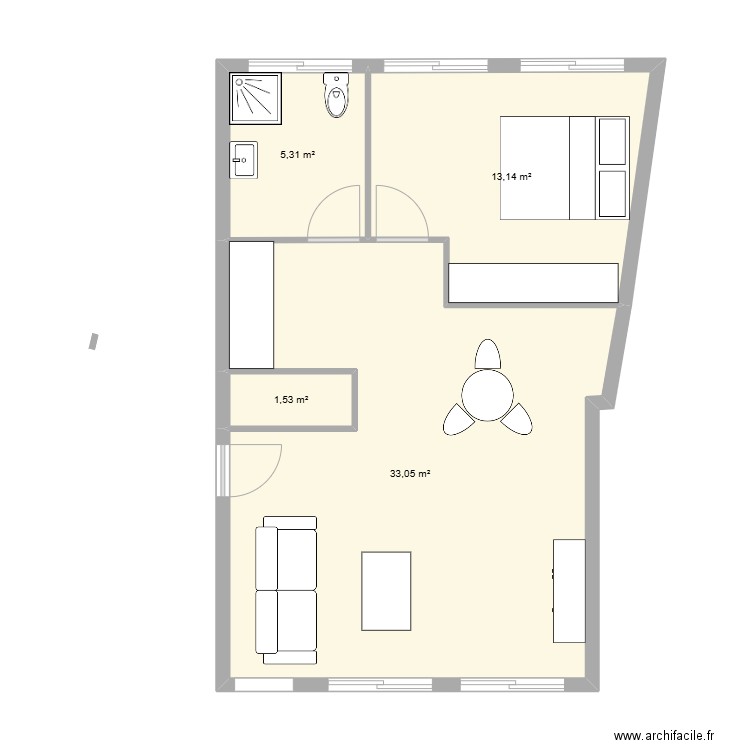 plan T2 Balata. Plan de 4 pièces et 53 m2