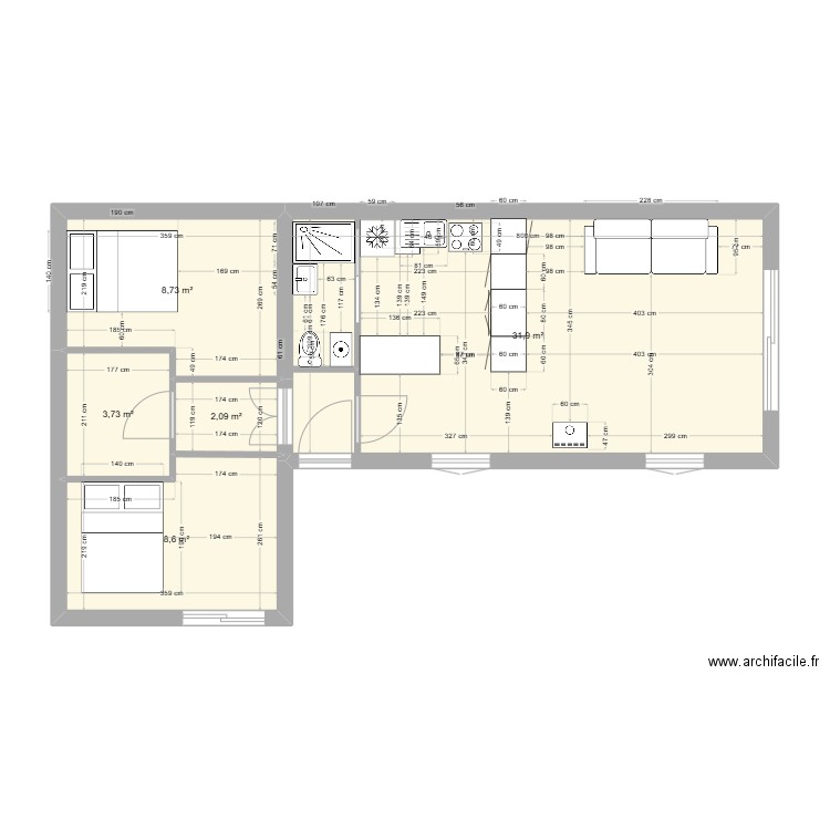 agrandissement. Plan de 5 pièces et 55 m2