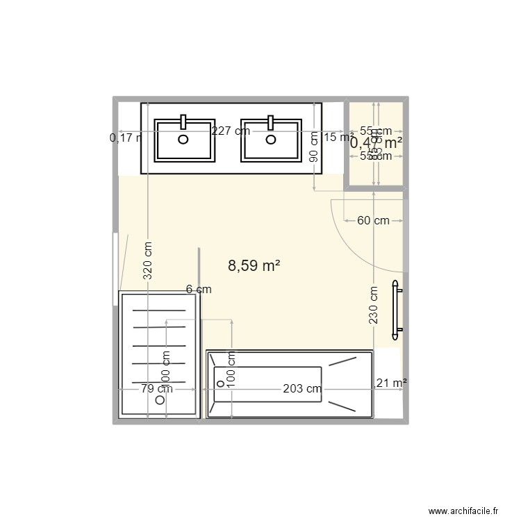 sdb. Plan de 2 pièces et 9 m2