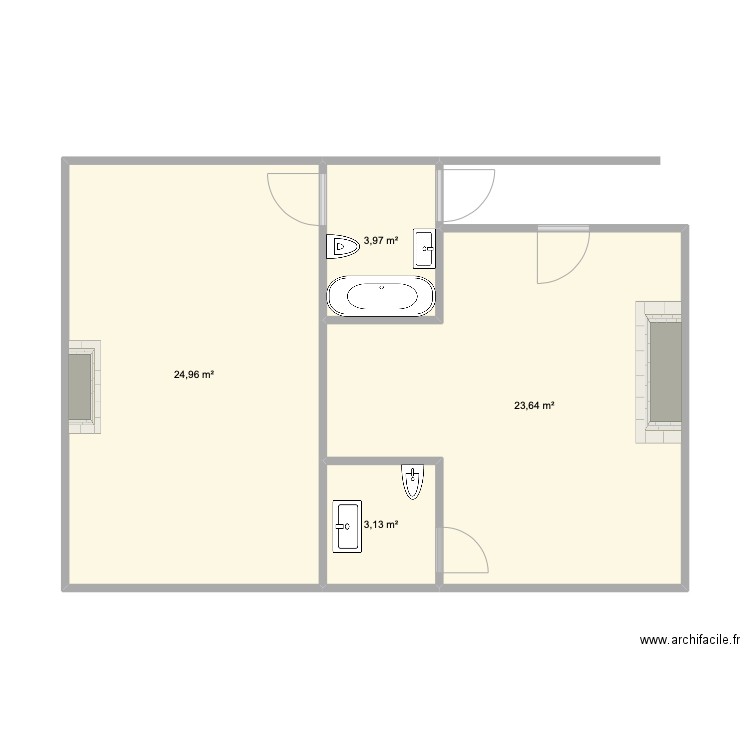 CHAMBRES 2 ET 3 SDB WC etat actuel. Plan de 4 pièces et 56 m2